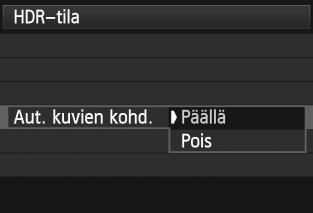 Määritä [Aut. kuvien kohd.]. Valitse käsivaraista kuvausta varten [Päällä]. Jos käytät jalustaa, valitse [Pois]. Paina sitten <0>-painiketta. Määritä tallennettavat kuvat.