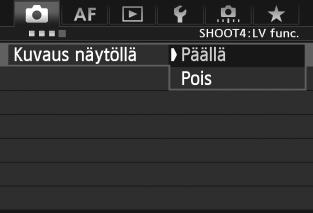 A Kuvaus LCD-näytöllä Kuvaus näytöllä -kuvauksen käyttäminen Määritä [z4: Kuvaus näytöllä]- asetukseksi [Päällä]. <A>-tilassa se näkyy kohdassa [z2].