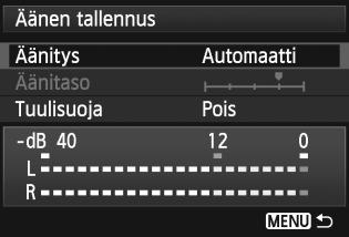 3 Äänen tallennusasetusten määrittäminen Äänen tallennus / Äänitaso Voit kuvata videoita ja samalla tallentaa ääntä sisäisen monoäänisen mikrofonin tai erikseen myytävän stereomikrofonin avulla.