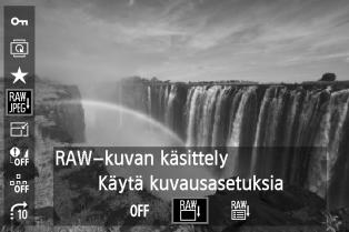 Q Pikavalinnat toiston aikana Voit määrittää toiston aikana seuraavat asetukset painamalla <Q>painiketta: [K: Suojaa kuvat], [b: Käännä kuvaa], [9: Luokitus], [R: RAW-kuvan käsittely] (vain