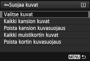 K Kuvien suojaaminen Suojaamalla kuvan voit estää sen poistamisen vahingossa. 3 Yhden kuvan suojaaminen Kuvan suojauksen kuvake 1 2 3 Valitse [Suojaa kuvat].