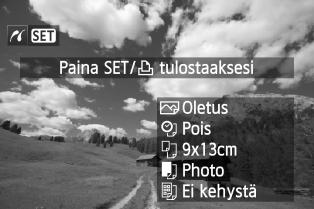 Tulostuksen valmisteleminen wpictbridge 6 Tuo kuva näyttöön. Paina <x>-painiketta. Kuva tulee näkyviin, ja vasemmassa yläkulmassa näkyy <w>-kuvake merkkinä siitä, että kamera on kytketty tulostimeen.