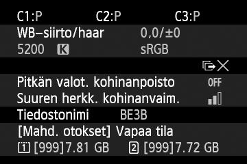 Vaikka [Sähköinen vesivaaka] piilotettaisiin poistamalla valintamerkki, se näkyy silti Kuvaus näytöllä -kuvauksen ja videokuvauksen aikana, kun painat <B>-painiketta.