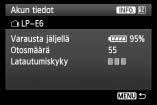 3 Akun tietojen tarkistaminen Akun rekisteröiminen kameraan Kameraan voidaan rekisteröidä enintään kuusi LP-E6/LP-E6N-akkua.
