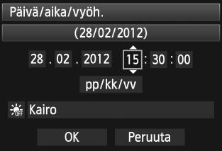 3 Päiväyksen, ajan ja vyöhykkeen määrittäminen 4 5 6 Määritä päivämäärä ja kellonaika. Valitse numero kääntämällä <5>-valitsinta. Paina <0>-painiketta, niin <r> tulee näkyviin.