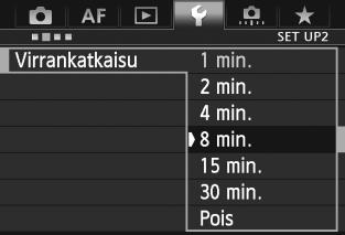 Ennen kuin aloitat 3 Virrankatkaisun/automaattisen virrankatkaisun määrittäminen Kamera säästää akkua katkaisemalla virran automaattisesti, kun kamera on ollut käyttämättömänä määrätyn ajan.