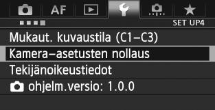 Ennen kuin aloitat 3 Kameran oletusasetusten palauttaminenn Kameran kuvausasetukset ja valikkoasetukset voidaan palauttaa oletusarvoiksi. Valitse [Kamera-asetusten 1 nollaus].