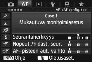 3 Jatkuvan tarkennuksen ominaisuuksien valinta (kohteelle)n Case-asetusten parametriasetusten muuttaminen Voit säätää kunkin case-asetuksen kolmea parametria (1. Seurantaherkkyys, 2. Nopeut./hidast.