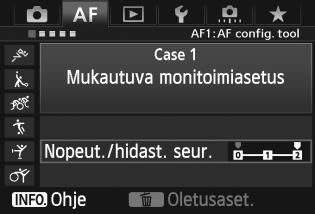 Valittu case näkyy purppuranvärisessä kehyksessä. Valitse haluamasi asetus. Valitse parametri kääntämällä <5> -valitsinta ja paina sitten <0> -painiketta.