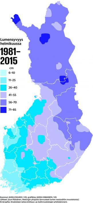 etenkin pohjoisessa Lumen syvyys (cm)