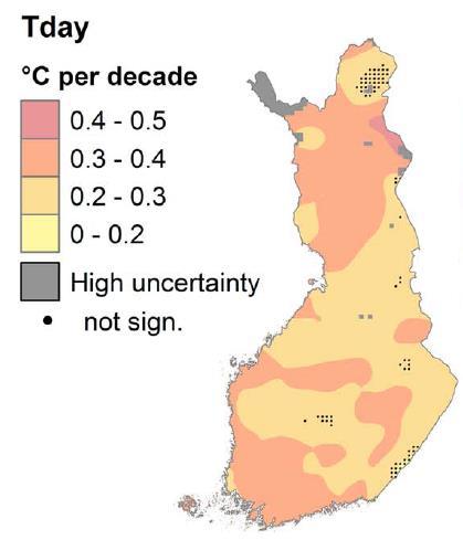 Lämpötila- ja lumiolot ovat jo muuttuneet Vuosikeskiarvojen trendit jakson 1961-2010 aikana Koko maa: