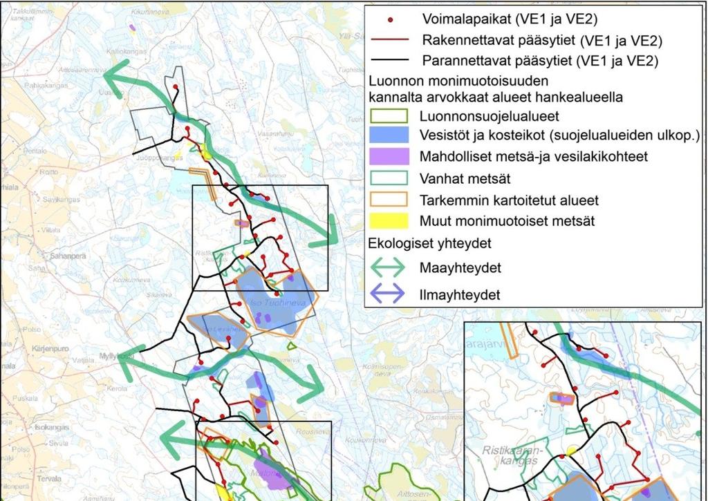 Kuva 11. Suojelullisesti arvokkaat luontokohteet suunnittelualueella ja sen läheisyydessä. 2.1.5 Linnusto ja muu eläimistö 2.1.5.1 Linnusto Linnustoselvitysraportti on esitetty kokonaisuudessaan liitteessä 7.