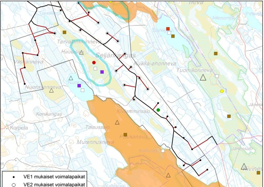 Kuva 13. Huomionarvoisten lintulajien reviirit tai havaintopaikat suunnittelualueen eteläosassa. Kuvasta puuttuvat vain viranomaisille ilmoitettavien lajien tiedot, kuten petolinnut. 2.1.5.
