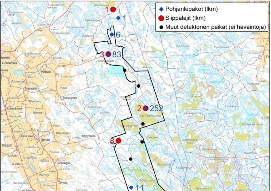 Kuvassa 14 on esitetty passiivisten seurantalaitteiden tekemät lepakkohavaintojen määrät. Lepakkokartoituksessa havaittiin kahta eri lepakkolajia, pohjanlepakkoa ja siippalaji.