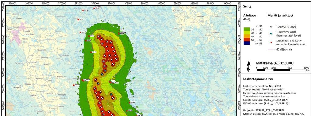 Kuva 30c. Melumallinnuskuva VE2:stä (Nord2000), jossa turbiinien määrää vähennetty 56 voimalaan ja viisi turbiinia mallinnettu hammastetuin, ääntä vaimentavin lavoin (sininen voimala).