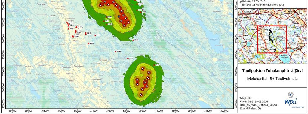 Tuulivoimaloiden aiheuttaman välkkeen esiintymisalue ja esiintymistiheys laskettiin EMD WindPRO -ohjelman Shadow -moduulilla, joka laskee kuinka usein ja minkälaisina jaksoina tietty kohde on