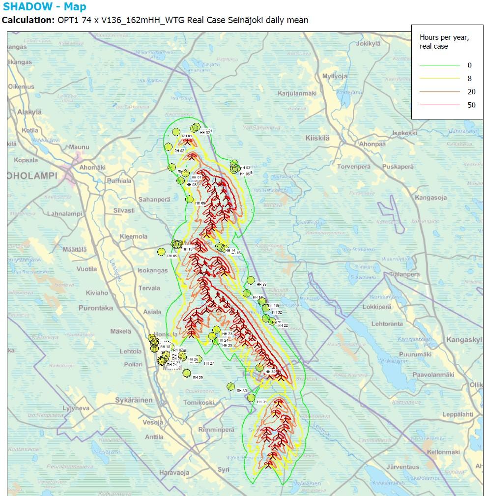 Kuva 31. Real Case -tilanteen mukainen välkemallinnus VE1:ssä (Vestas V136).