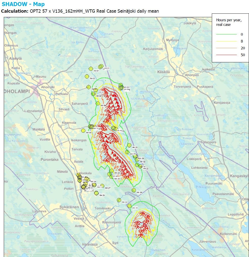 Kuva 32. Real Case -tilanteen mukainen välkemallinnus VE2:ssa (Vestas V13