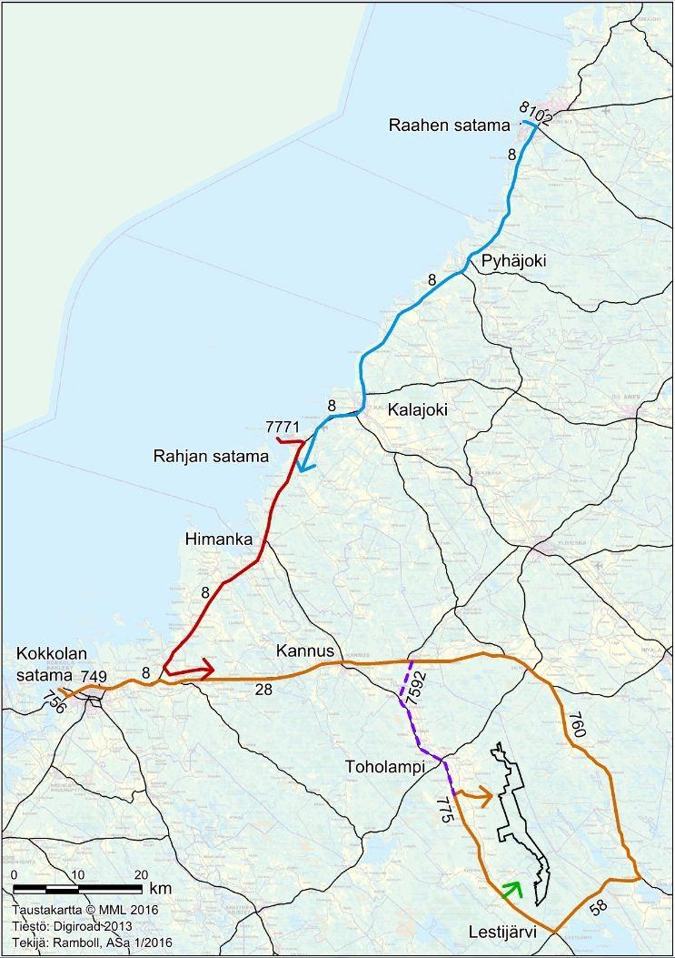 Kuva 33. Vaihtoehtoiset reitit ja tiestö oletetuista voimaloiden tuontisatamista Kokkolasta, Kalajoelta ja Raahesta Toholampi-Lestijärven suunnittelualueelle. 6.5.
