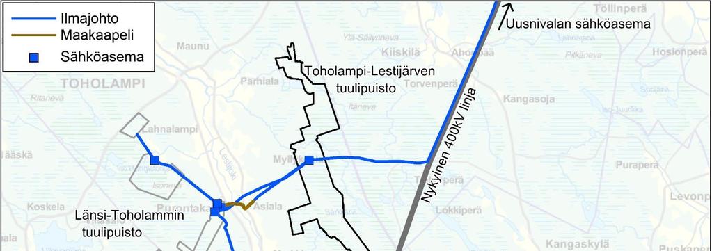 Kuva 3. Alustavat sähkönsiirtovaihtoehdot ja sähköasemien sijainnit.