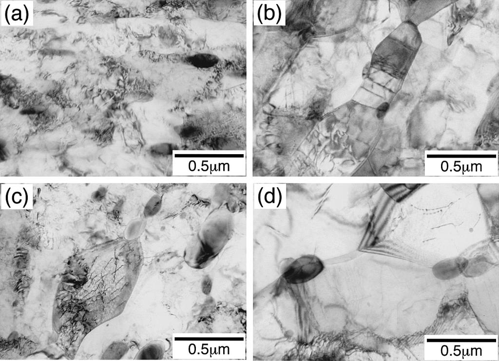 Many residual dislocations were observed by TEM microscopy within the grains for the as-rolled samples as shown in Figs. 11(a) and 11(c).