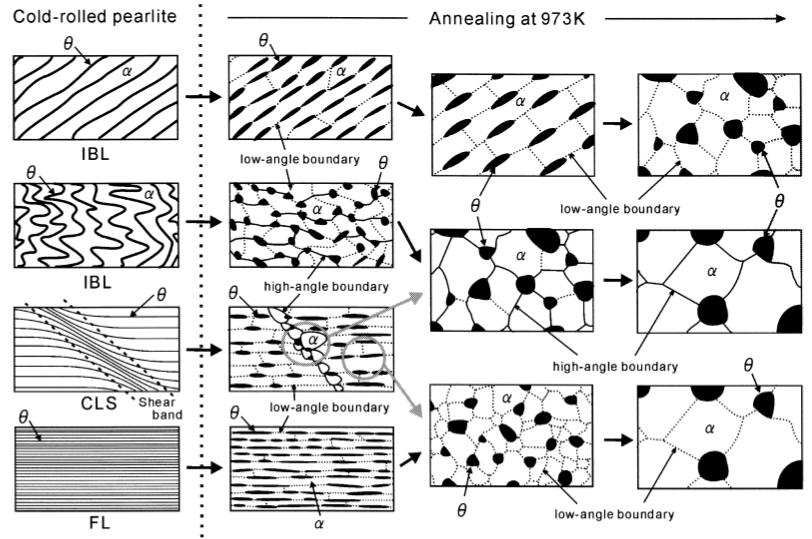 As schematically shown in Figure 26, the fine lamella pearlite region tends to form ferrite with low-angle boundaries; while IBL region tends to form ferrite with high-angle boundaries.