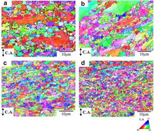 LIITE 1.1 30 Figure 36: Orientation map of (a) 0.1, (b) 0.2, (c) 0.35, and (d) 0.8 C alloys deformed at 923K and a strain rate of 10 3 s 1.