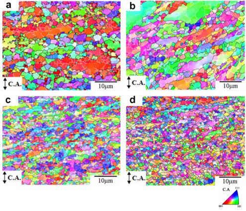 LIITE 1.1 30 Figure 36: Orientation map of (a) 0.1, (b) 0.2, (c) 0.35, and (d) 0.8 C alloys deformed at 923K and a strain rate of 10 3 s 1.