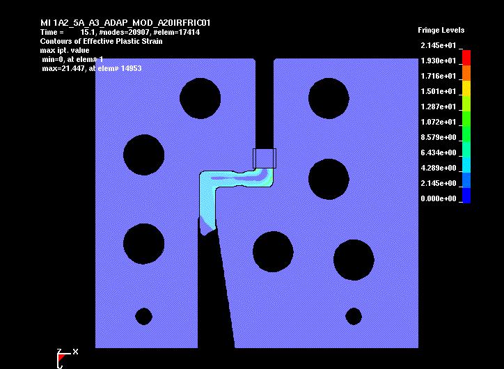 LIITE 2.1 5 Kokeiden simuloinneista on esitetty kuvassa 7 puhtaalle alumiinille tehdyistä simuloinnista plastinen venymä (ensimmäinen pursotus). Kuva 7.