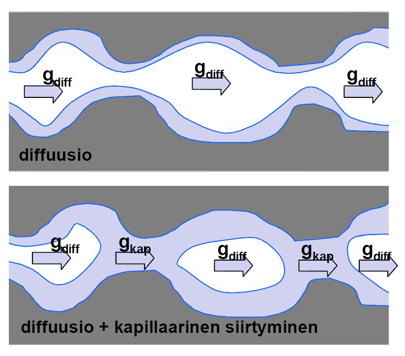 Kuva 10 Kun huokoisen materiaalin huokosten suhteellinen kosteus on alhainen, kosteutta siirtyy ainoastaan diffuusion avulla. Kun RH nousee, kosteutta siirtyy sekä diffuusiolla että kapillaarisesti.