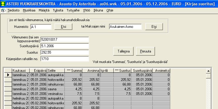 SUORITUSTEN KIRJAAMINEN Saapuneet suoritukset voidaan kirjata reskontraan yksitellen syöttämällä viitenumero, suorituksen määrä, suorituspäivä ja kirjanpidon tilinumero.