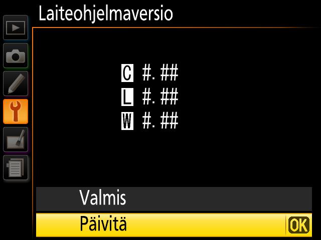 6 Nykyinen laiteohjelmaversio tulee näkyviin. Korosta Päivitä ja paina OK. 7 Näkyviin tulee laiteohjelmiston päivitysikkuna. Valitse Kyllä.