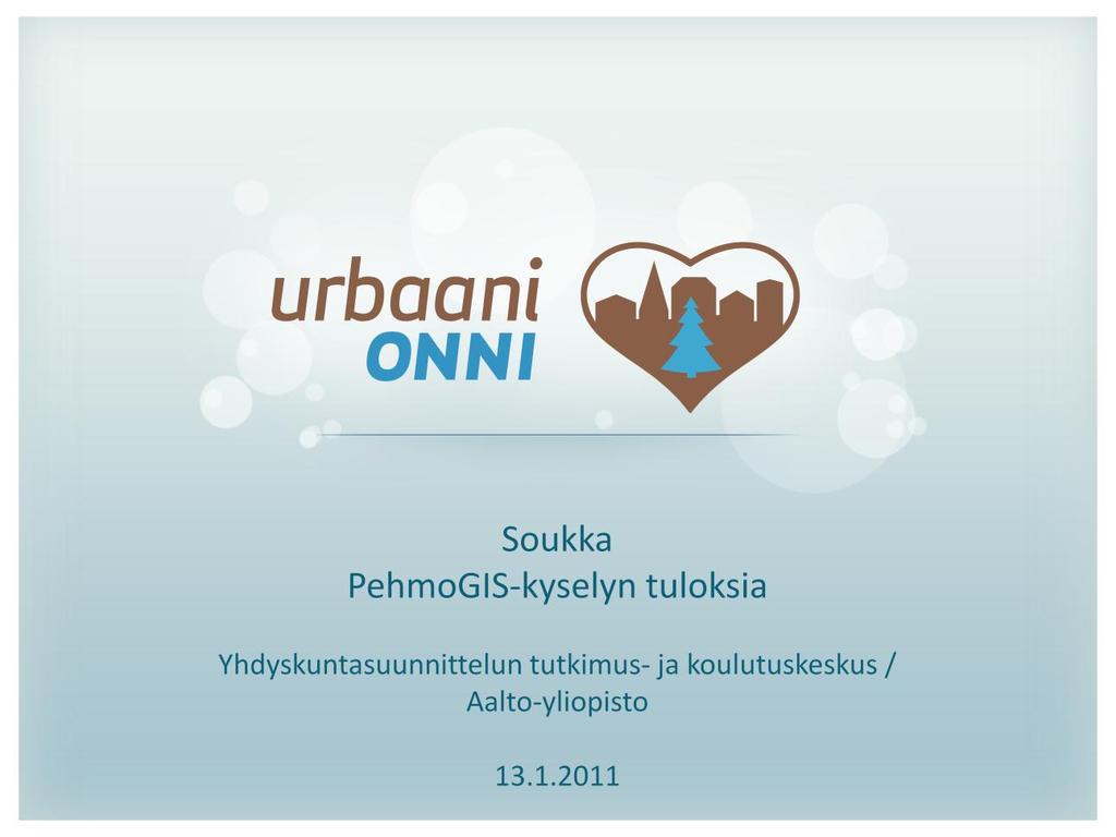 Tämä tutkimusraportti toimii yhteenvetona Soukan kaupunginosassa tehdystä pehmogiskyselystä, joka oli osa Tekes-rahoitteista Urbaani onni hanketta 2009-2010.