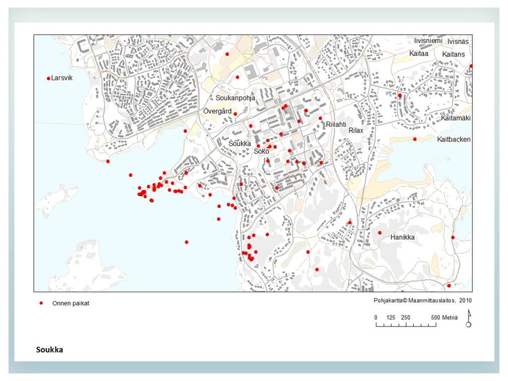 Soukkalaisten paikantamat onnen paikat Soukkalaiset paikansivat kartalle pehmogis-menetelmällä onnen paikkoja, jotka näkyvät oheisessa kartassa punaisella.