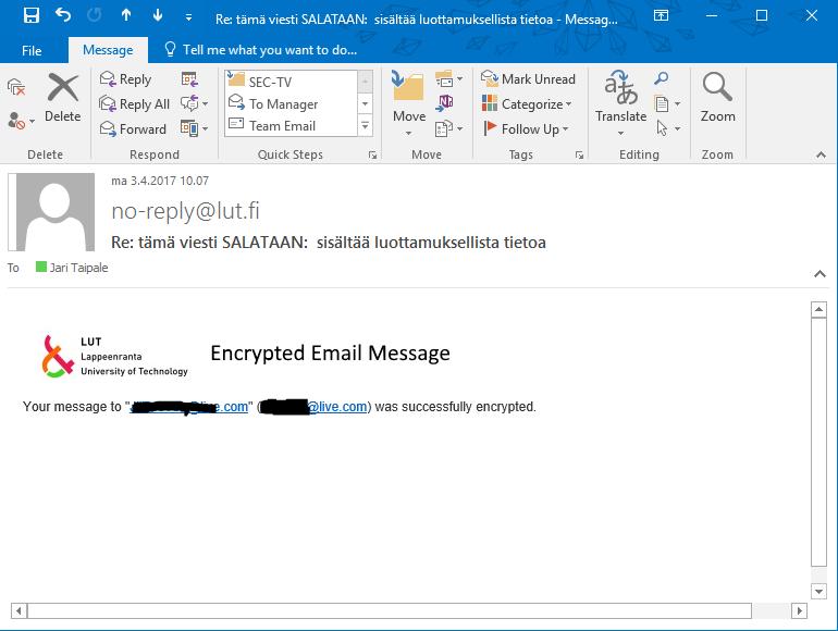 Ilmoitus tulee osoitteesta no-reply@lut.fi. 2. Salatun viestin vastaanottaminen 2.