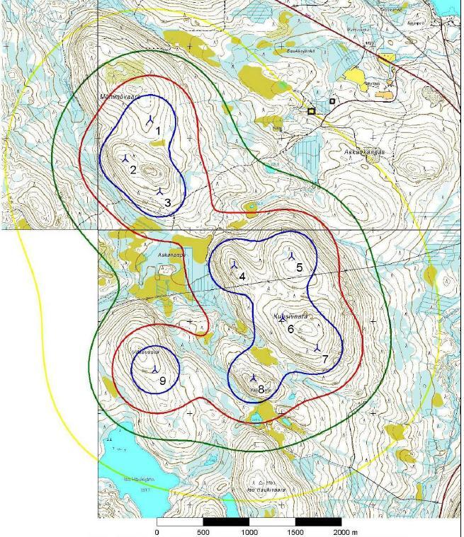 37(53) Kuva 22. Kuusivaara-Mömmövaaran tuulivoimaloiden melun leviämisen mallinnus. (Hendrikson & Ko.
