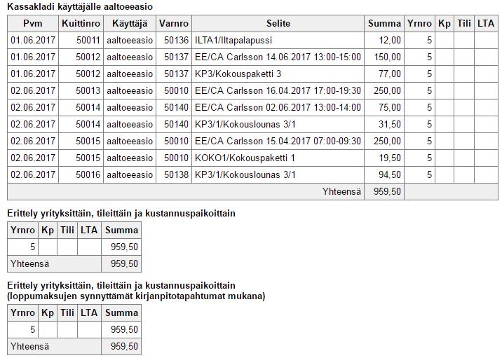 Aulapalvelusta voidaan tulostaa käteislasku