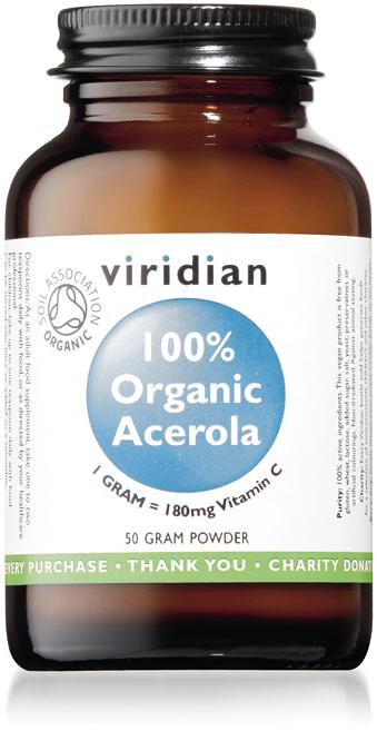 VIRIDIAN 100 % LUOMU ACEROLA-C Helppokäyttöinen acerola kirsikkajauhe, joka sopii koko perheelle.