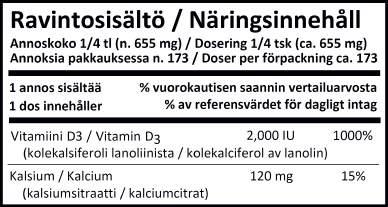14%) Vitamin D-3 2000 IU VAHVA D-VITAMIINI #0377 - Pakkauksen sisältö 240 kapselia - Yksi kapseli sisältää 50 µg D3-vitamiinia - 2000IU (kansainvälinen yksikkö) = 50 µg Suositushinta: 16,60 (alv.