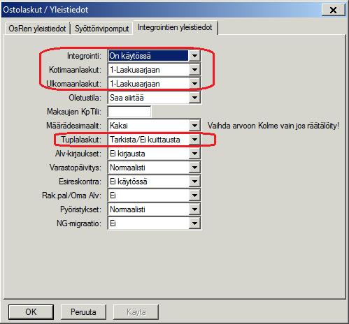 Integrointiasetukset Maestroon Ostolaskut Yleistiedot Ohjelmakohtaiset tiedot Integrointien yleistiedot välilehti