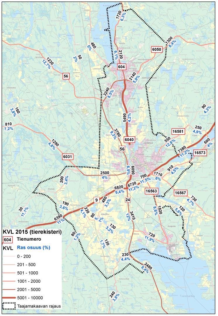 34 Kuva 2-15. Liikennemäärät vuonna 2015 (ajon./vrk). 2.5.8.