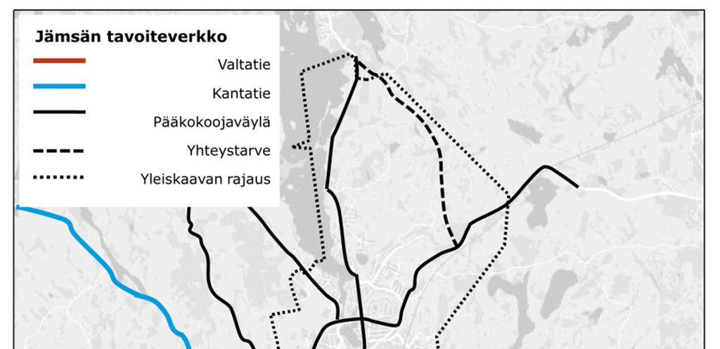 72 Kuva 5-1. Pääliikenneyhteyksien tavoiteverkko Jämsässä. Jämsän keskusta-alueen ja sen lähiympäristön tavoiteverkko on esitetty kuvassa Kuva 5-2.