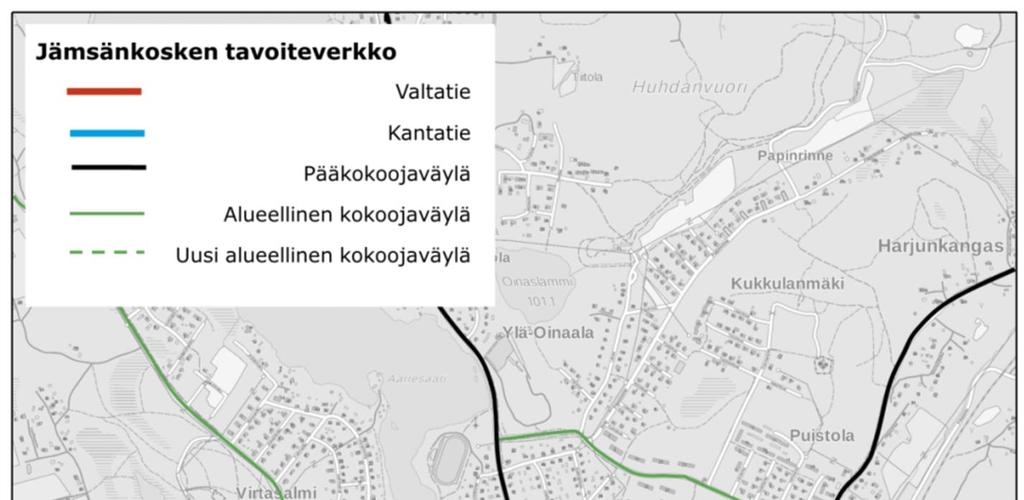 74 Kuva 5-3. Pääliikenneyhteyksien tavoiteverkko Jämsänkoskella. 5.6.2 Kävely ja pyöräily Kävelyn ja pyöräilyn tavoitteellinen pääverkko on esitetty kuvassa Kuva 5-4.