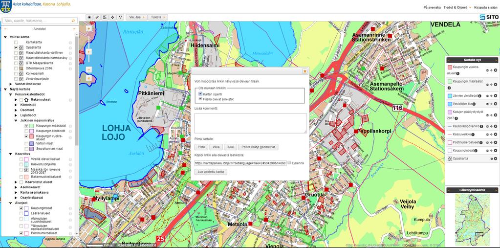 sijaintiin liittyvät julkiset palvelut linkkiä karttaikkunan oikeaan reunaan ilmestyy