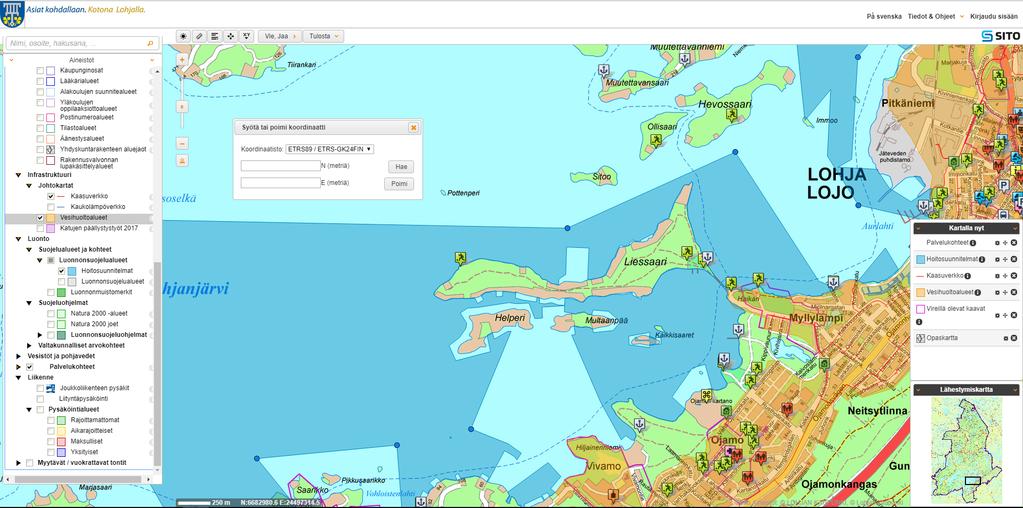 Koordinaattityökalun avulla voit poimia kartalta yksittäisten paikkojen koordinaatteja, sekä hakea halutun paikan sijainnin sen koordinaattien perusteella.