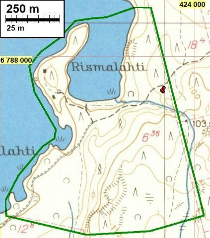 Ote vuoden 1965 peruskartasta. Ensimmäiset mökit ovat ilmestyneet Rismalahden länsipuolelle.