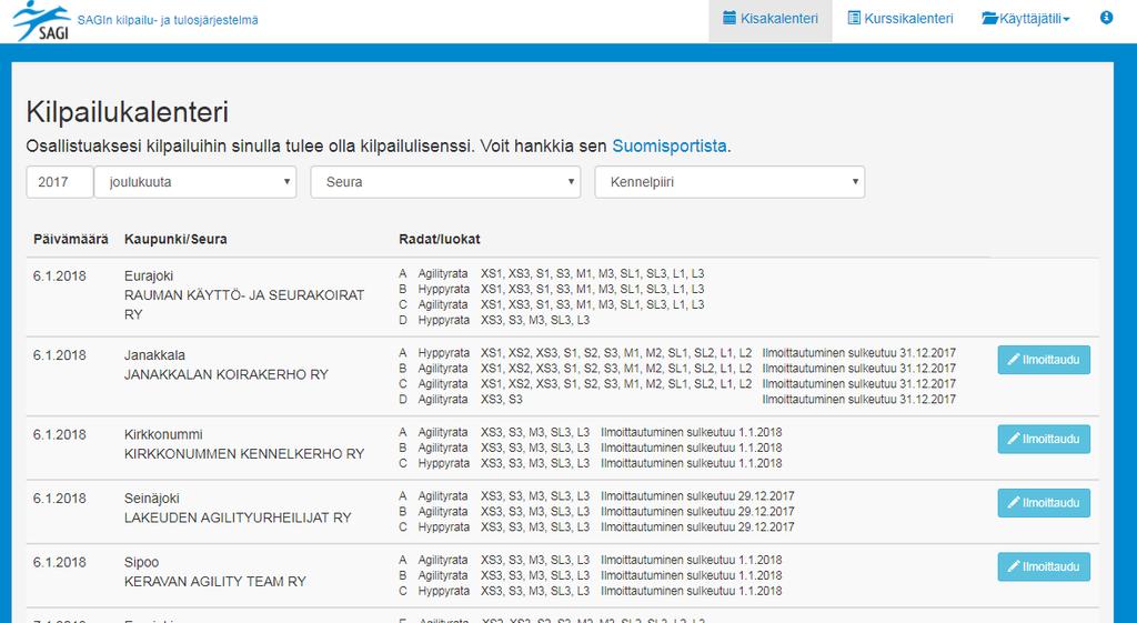 3.2. Kilpailuihin ilmoittautuminen KITU 2.0: ssa voi ilmoittautua 1.1.2018 jälkeen oleviin kilpailuihin.