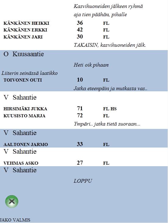 Pientalonäkymä: Taustavärin vaihtuminen kertoo laatikkoryhmän / yksittäisen postilaatikon (= pysähdyksen) vaihtumisesta.