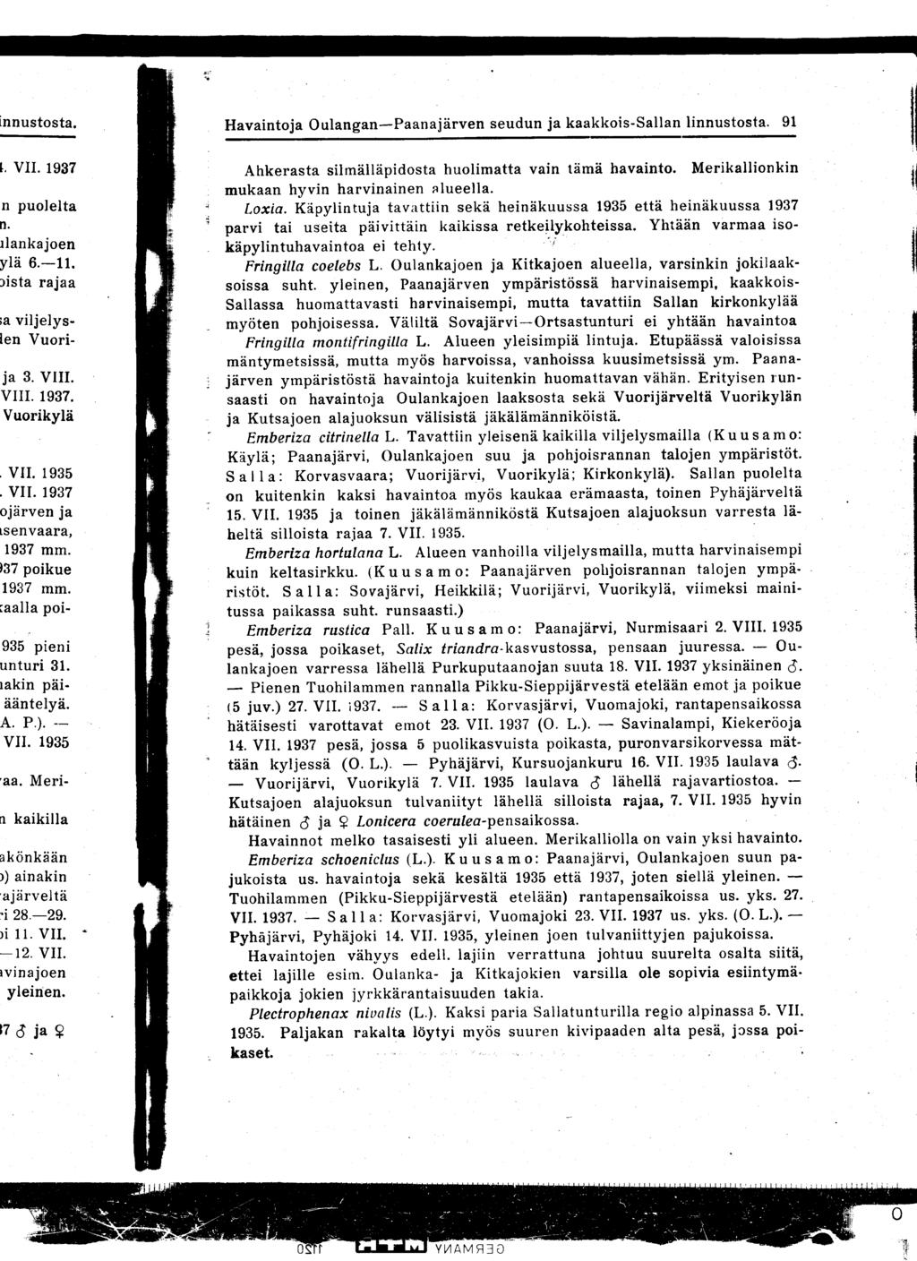 Havaintoja Oulangan-Paanajärven seudun ja kaakkois-sallan linnustosta 91 Ahkerasta silmälläpidosta huolimatta vain tämä havainto Merikallionkin mukaan hyvin harvinainen alueella Loxia Käpylintuja