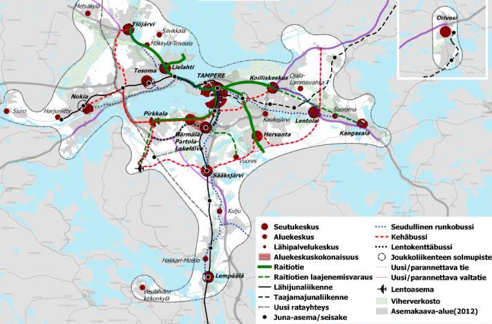 Raitiotien tulevaisuuden suunnat (seuturatikka) Tampereen kaupunkiseudun rakennesuunnitelma 2040 kuvaa kahdeksan kunnan tahtotilan yhdyskuntarakenteen kehittämisestä ja kestävästä liikkumisesta.